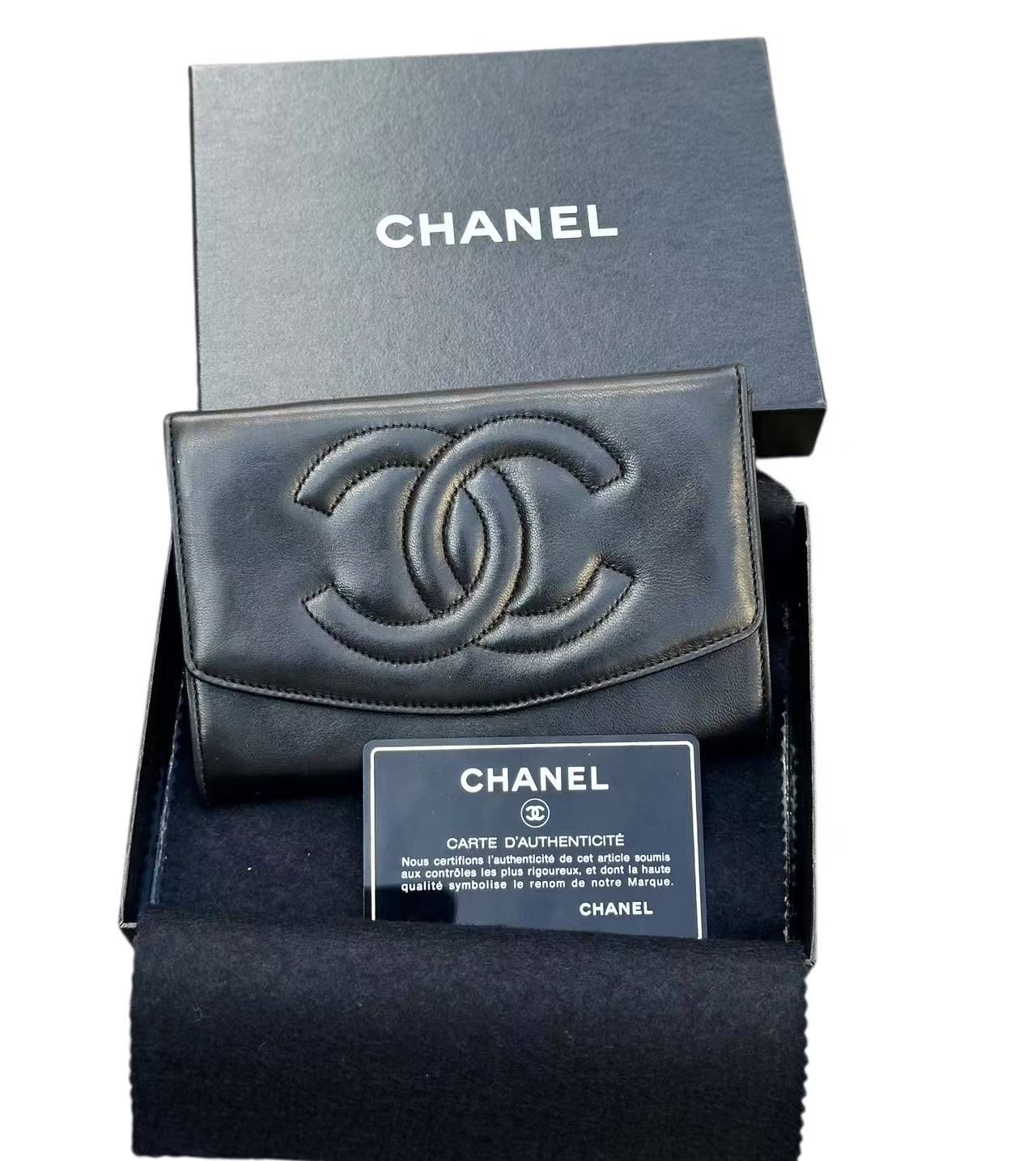 超 ◆本物シャネルCHANELデカココマークヴィンテージVintageラムスキンカーフCCカードケース名刺入れ小物入れ財布贈り物黒ブラック黒金