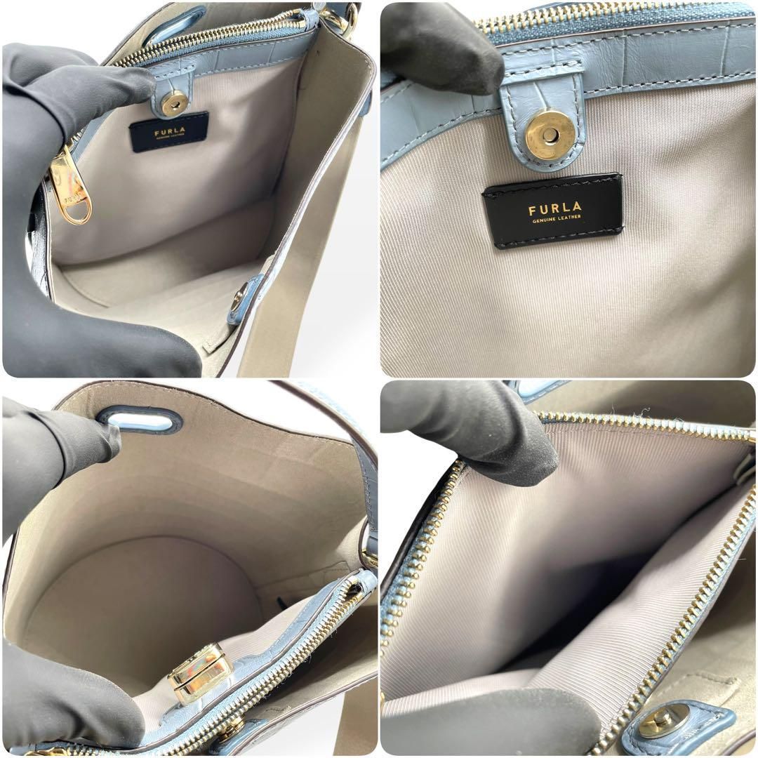 未使用級　FURLA フルラ　ダナエ レザー 2way バッグ ブルー　型押し 未使用級 FURLA フルラ ダナエ レザー 2way バッグ ブルー 型