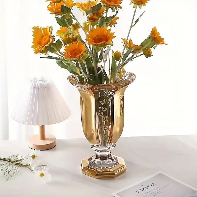 新品未使用花瓶 ガラス フラワーベース 一輪挿し 花器 おしゃれ 上品 口径21.5cm レトロ ブラウン 透明 リビング 窓辺 テーブル 玄関 プレゼント 輸入