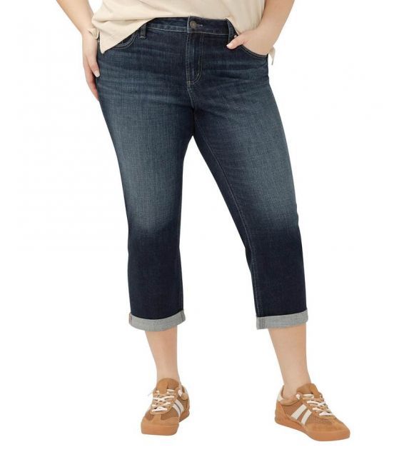 【送料無料】 シルバー ジーンズ レディース デニムパンツ ボトムス Plus Size Elyse Mid Rise Rolled Hem Capri Jeans Indigo