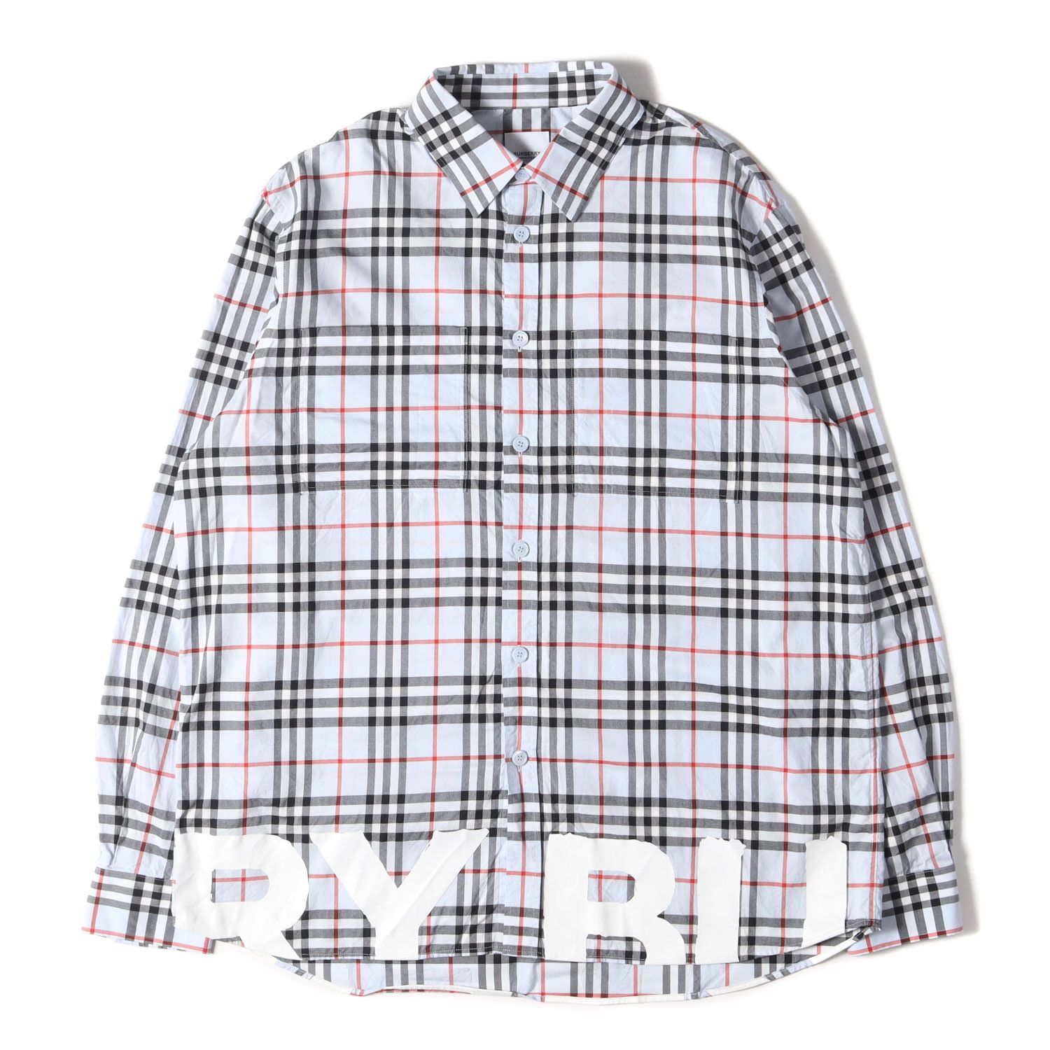 BURBERRY バーバリー シャツ サイズ:L 近年モデル ヘム ロゴ ノバチェック 長袖 シャツ THTHAGAR129SAM 8037887 ライトブルー ブラック ホワイト レッド トップス カットソー カジュアルシャツ 柄シャツ ブランド 【メンズ】【中古】 BURBERRY バーバリー シャツ サイズ:L 近年モデル ヘム ロゴ ノバ