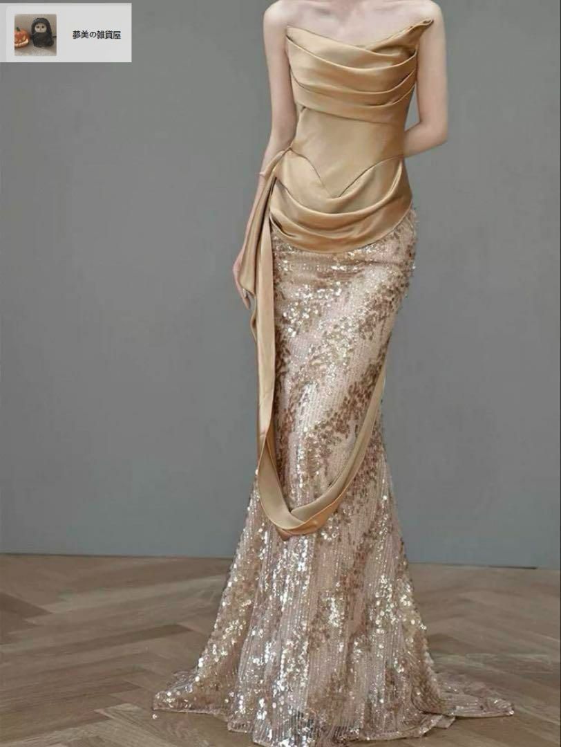 スパンコールにドレープがゴージャスなベア イブニングドレス