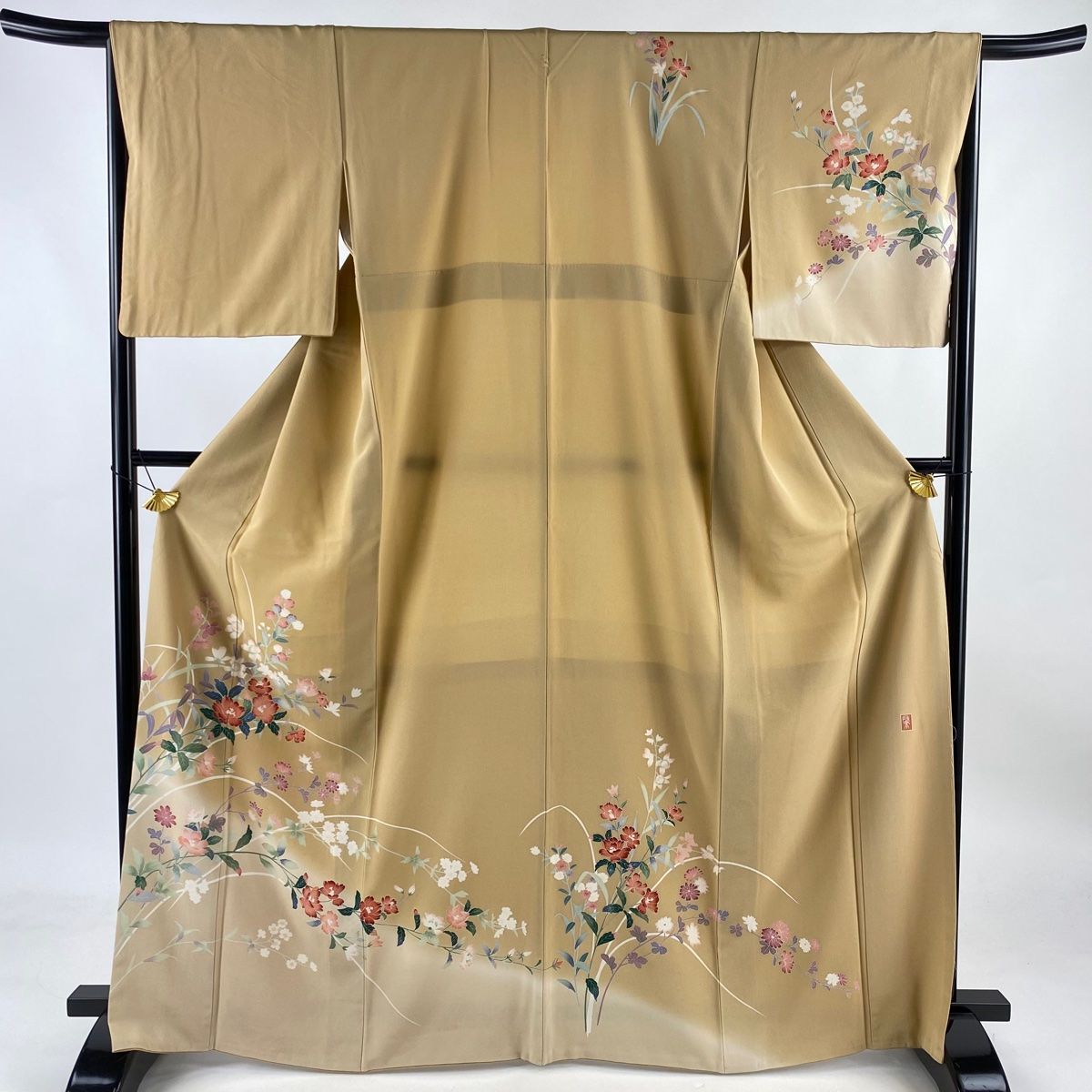 訪問着 身丈168cm 裄丈66cm M 袷 落款 枝花 芝 ぼかし 薄茶色 正絹 名品 一つ紋