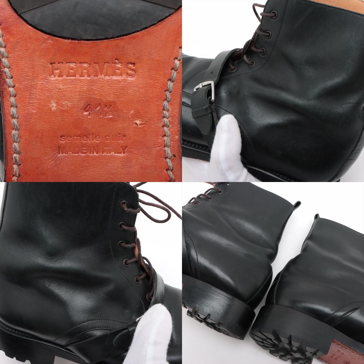 美品 エルメス レースアップ レザー ベルト ショート ブーツ ブラック 