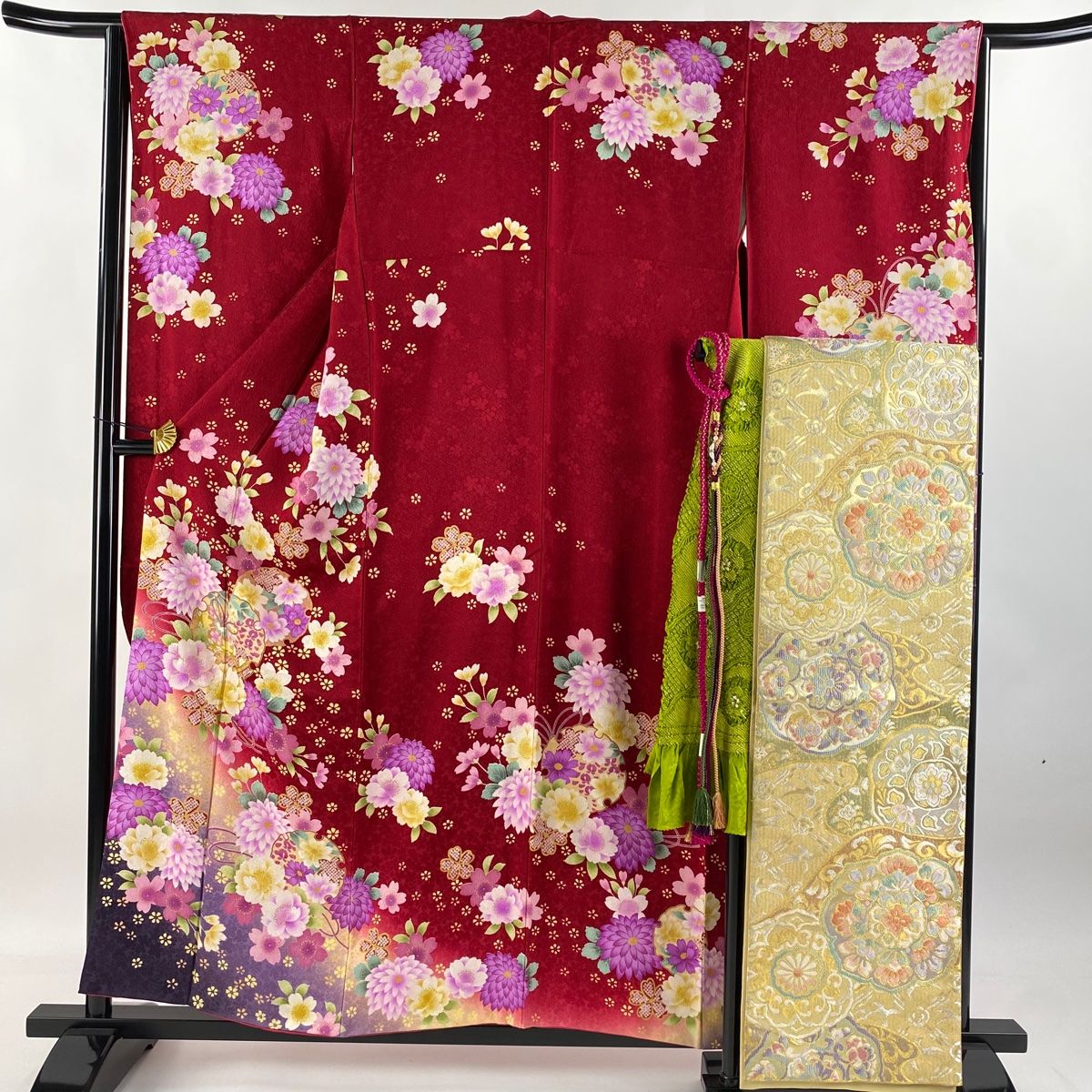 sale！　訪問着フルセット　着物　正絹　緑　未使用　付け下げ　金彩加工 訪問着 着物 本加工 手染め 金彩加工 グリーン 裄66 M 中古 sn215