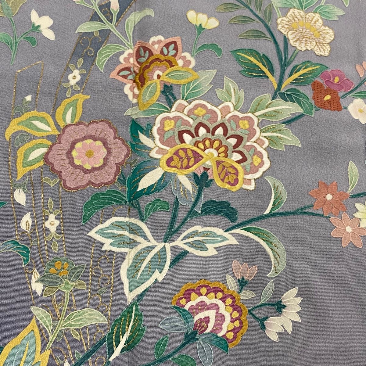 付下げ 身丈163cm 裄丈68cm L 袷 草花 束ね熨斗 刺繍 金糸 灰紫 正絹  