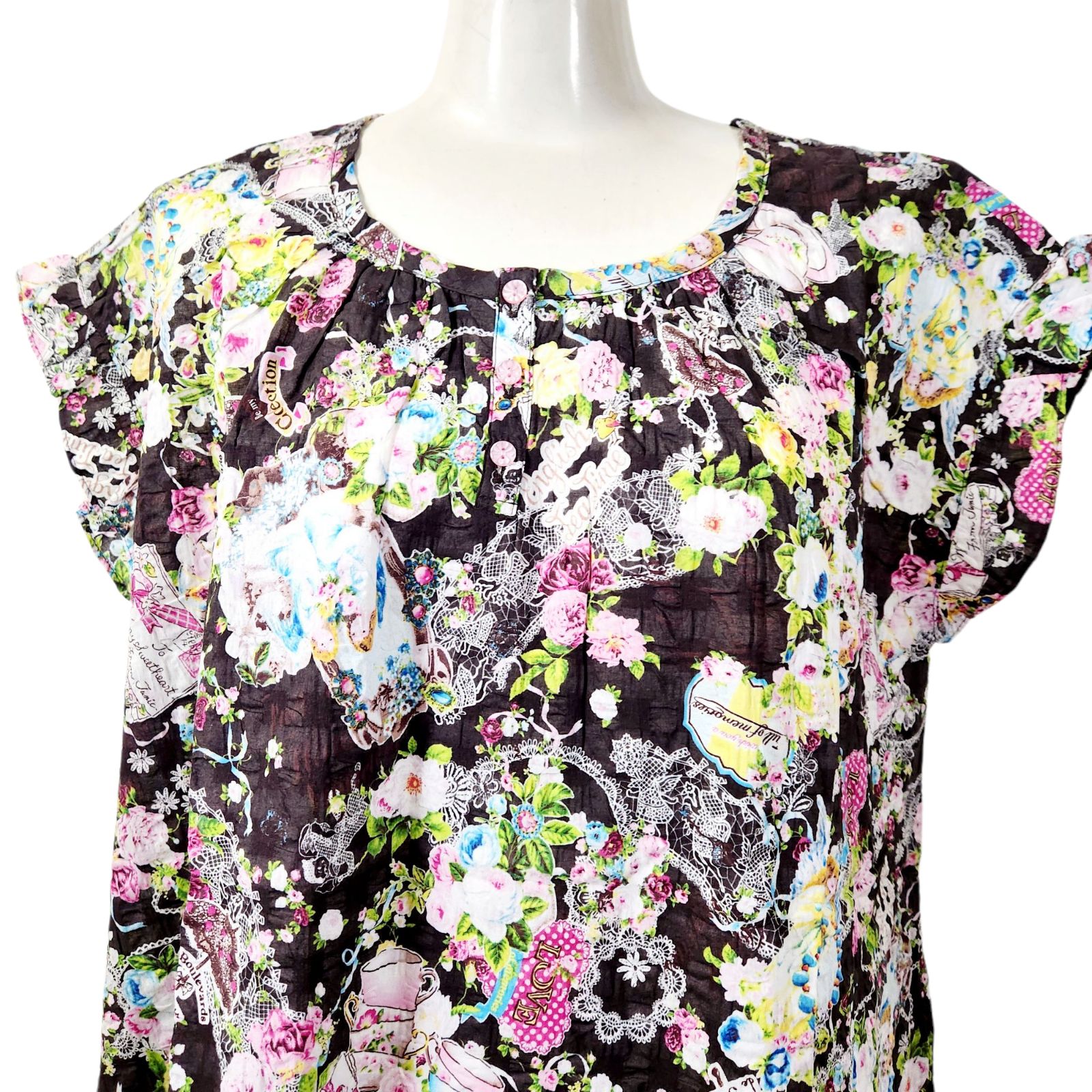 夏物入荷 鴨居羊子 TUNIC フレンチ袖フ ネグリジェ 80ローンサッカー レース天使 濃茶色