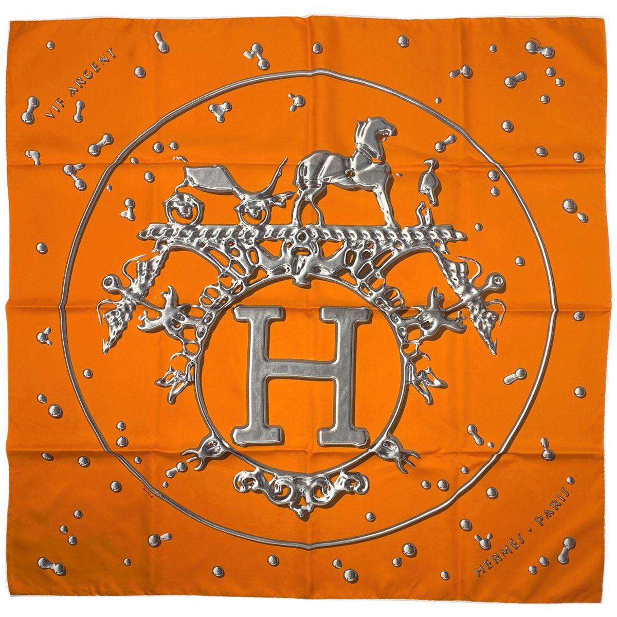 エルメス HERMES カレ 90 VIF ARGENT 銀の雫 Hロゴ 馬 スカーフ 