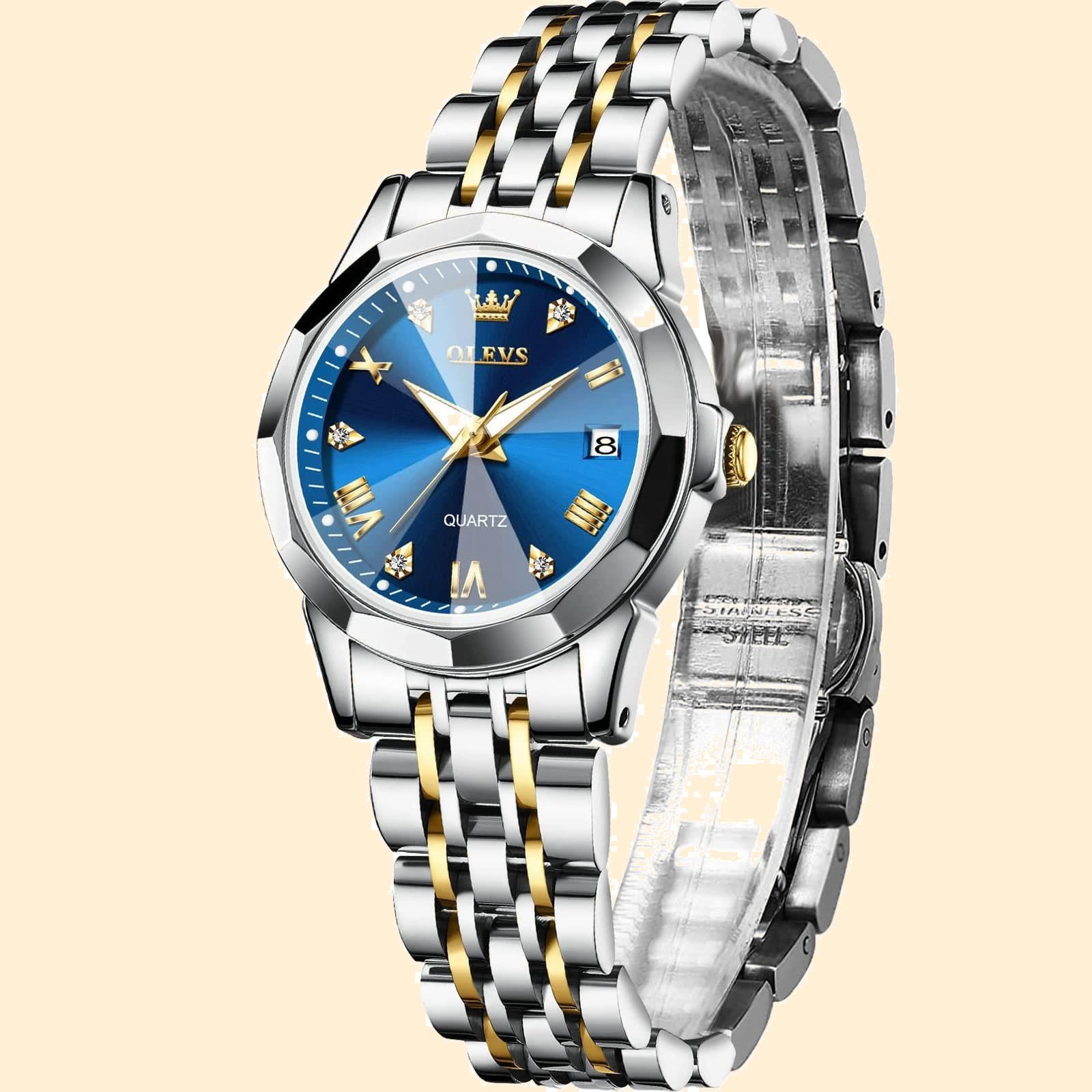 在庫処分 OLEVS 人気腕時計 レディース 防水 ステンレスバンド 女性用とけい腕時計 かわいい 日付 うで時計 レディース ダイヤモンド アナログクオーツ腕時計 青 プレゼント Watch for Women おしゃれ女性腕時計 小さめブルー 文字盤