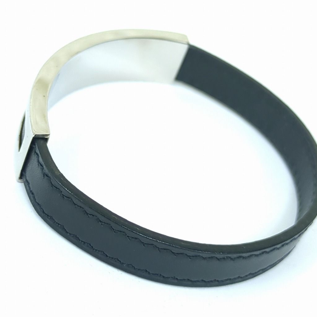 エルメス プスプス レザー ブレスレット バングル ブラック シルバー□G刻印 エルメス プスプス レザー ブレスレット バングル ブラック