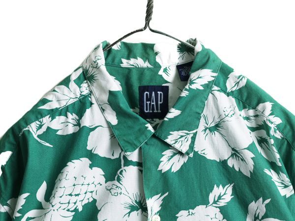 90s OLD GAP オープンカラー 総柄 コットン アロハ シャツ XL 緑