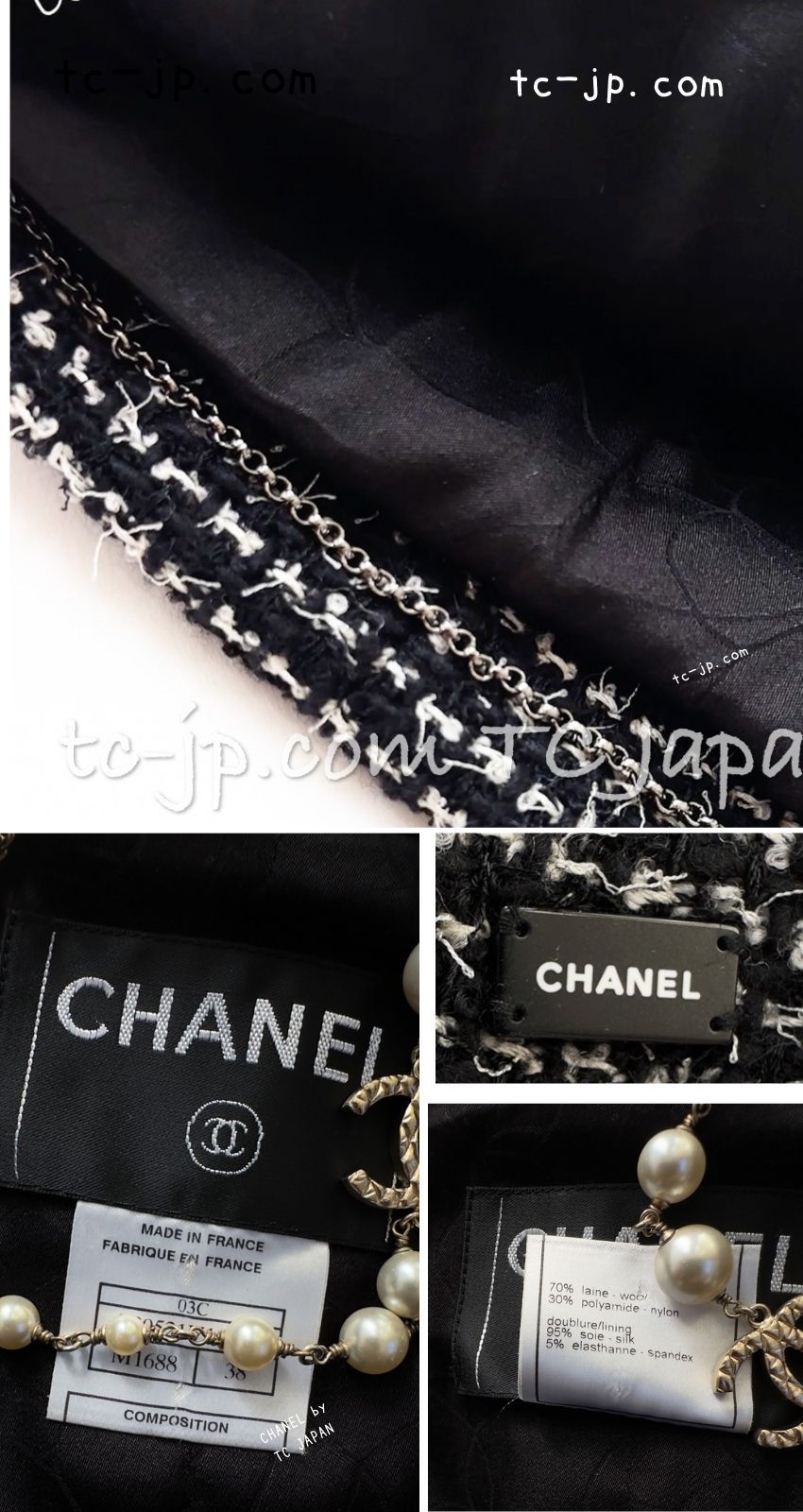 シャネル スーツ CHANEL ブラック ホワイト カメリア ブローチ３つ付 ツイード ダブル ジャケット 水滴 CCボタン スカート 美品 36 38