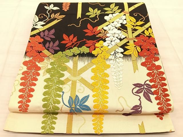 平和屋着物◎六通柄袋帯 唐織 藤の花 金糸 正絹 逸品 BAAT3359du