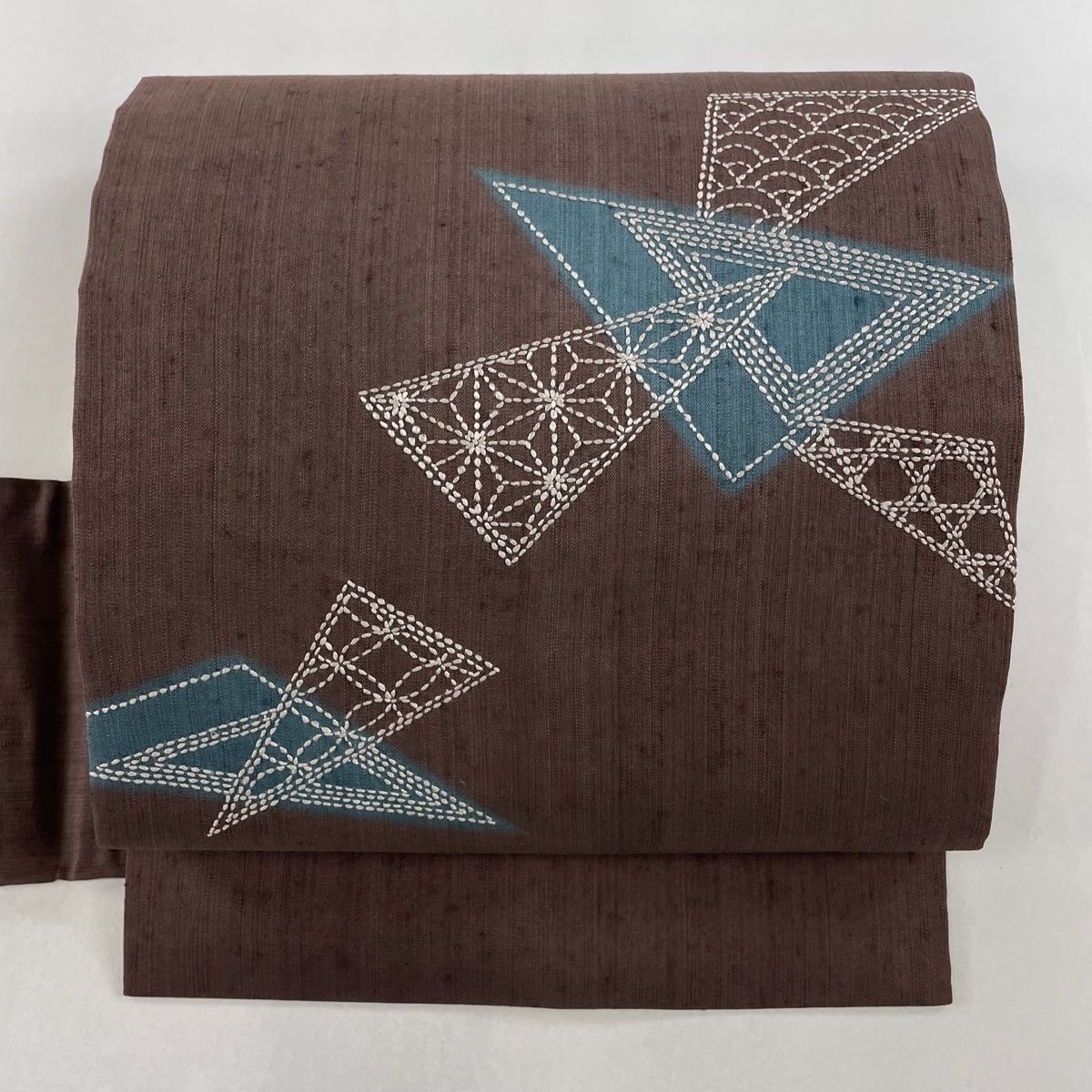 名古屋帯 美品 名品 紬地 麻の葉 青海波 刺し子刺繍 茶紫 正絹