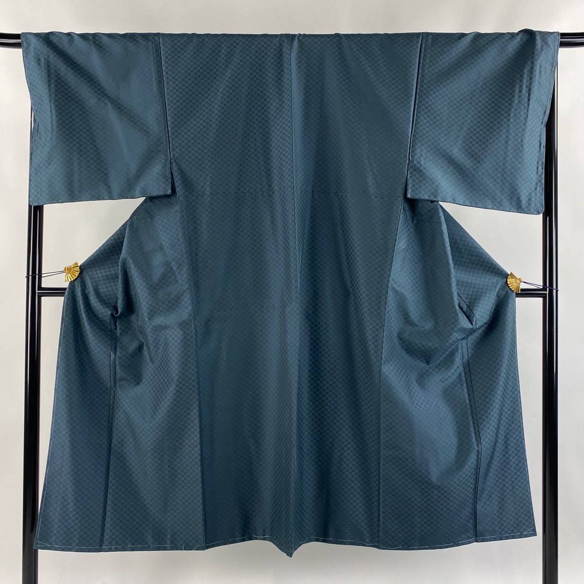 男着物 身丈136cm 裄丈68cm S 袷 草木染 紬地 アンサンブル 市松 地紋 深緑 正絹 秀品