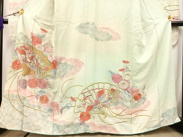 平和屋着物□豪華振袖 駒刺繍 扇面花鳥文 金銀糸 正絹 逸品
