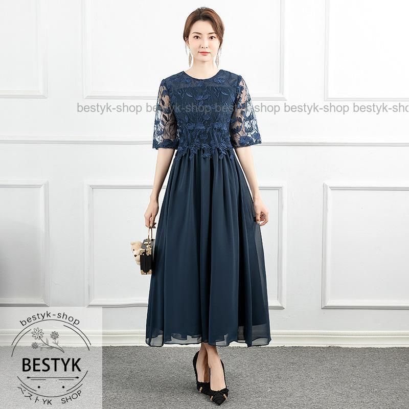 ネイビー レースドレス(大きいサイズ)結婚式、パーティー パーティードレス 大きいサイズ 結婚式 服装 七分袖 レース