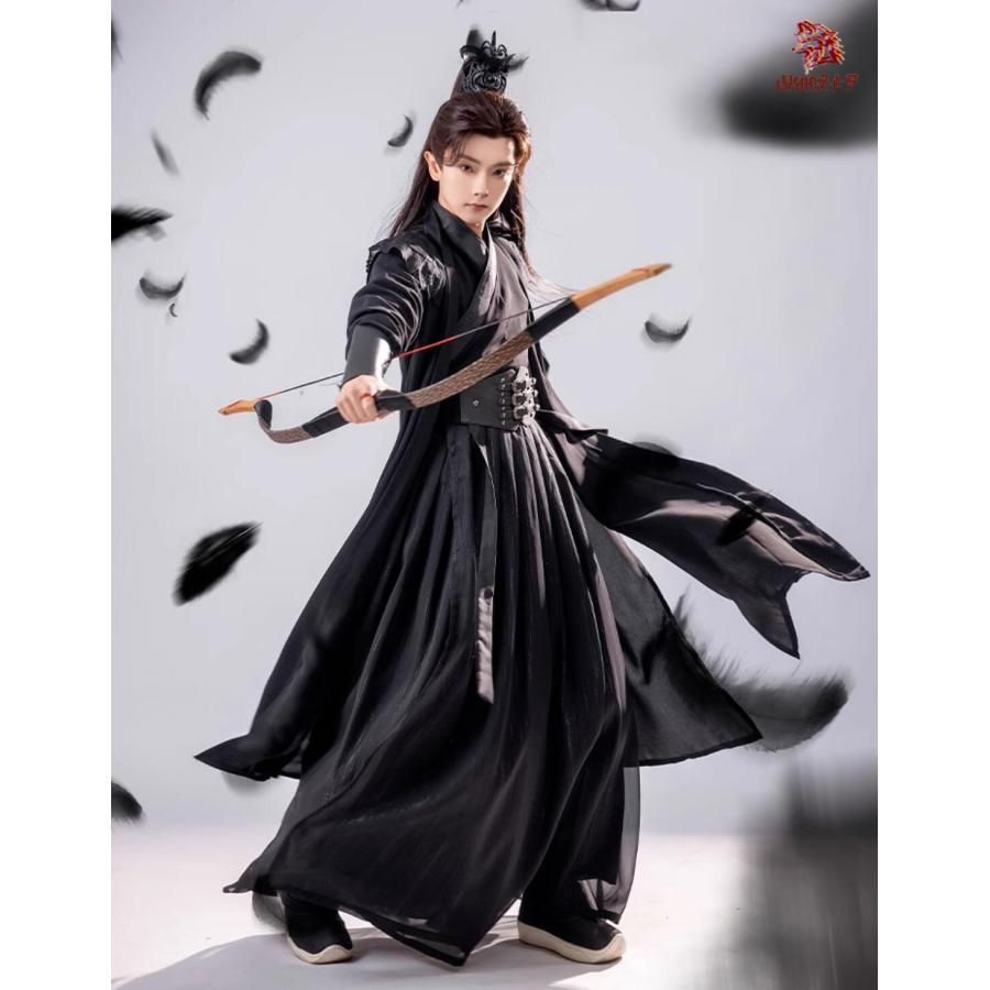 暗黒 武侠風 漢服 中華コスプレ衣裳 メンズ 侠客 チャイナ服 中華服 肩に翼付きの羽織 交差襟 おしゃれの3点セット 皮のベルトと袖カバー付