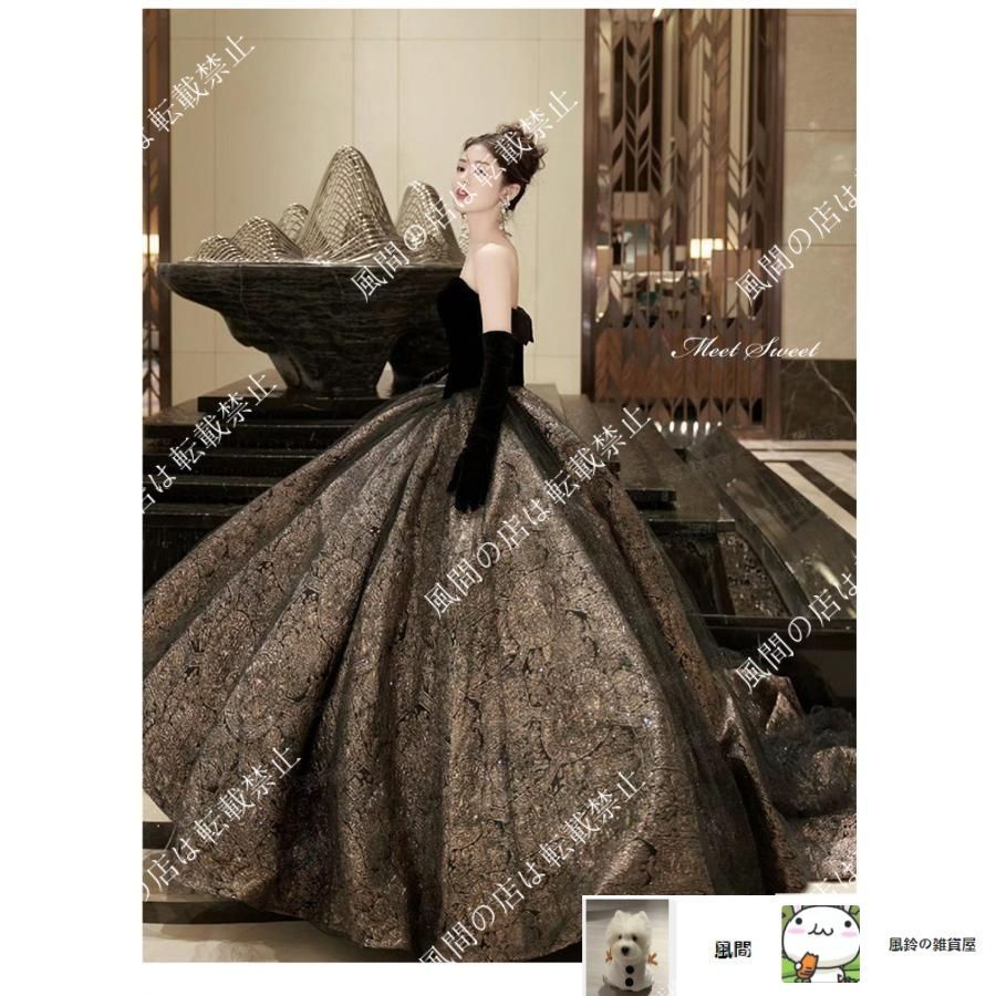 色鮮やかな ドレス プリンセスライン ブラック ベアトップ 黒 ロングドレス ウェディングドレス 結婚式 二次会 花嫁 前撮り 演奏会 発表会 ステージ衣装 お洒落