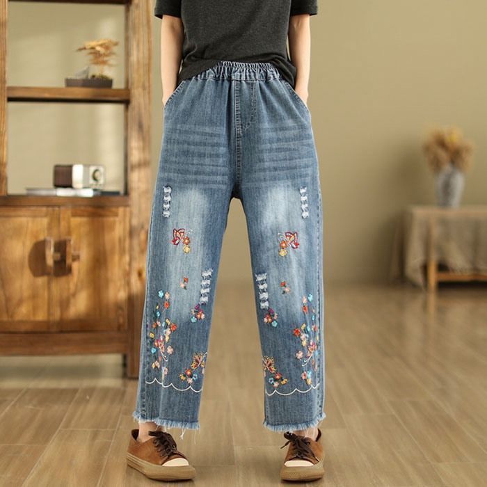 デニムパンツ レディース 春夏 ストレートパンツ クロップド ジーパン ゆったり ワイドパンツ 刺繍 美脚 デニムパンツ 綿 コットン 柔らか バギー ボトムス チノパンwaixin01