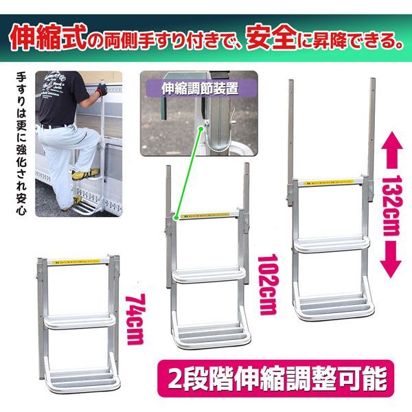 2個セット ワイドタイプ手すり付き汎用トラック用荷台はしご2段 