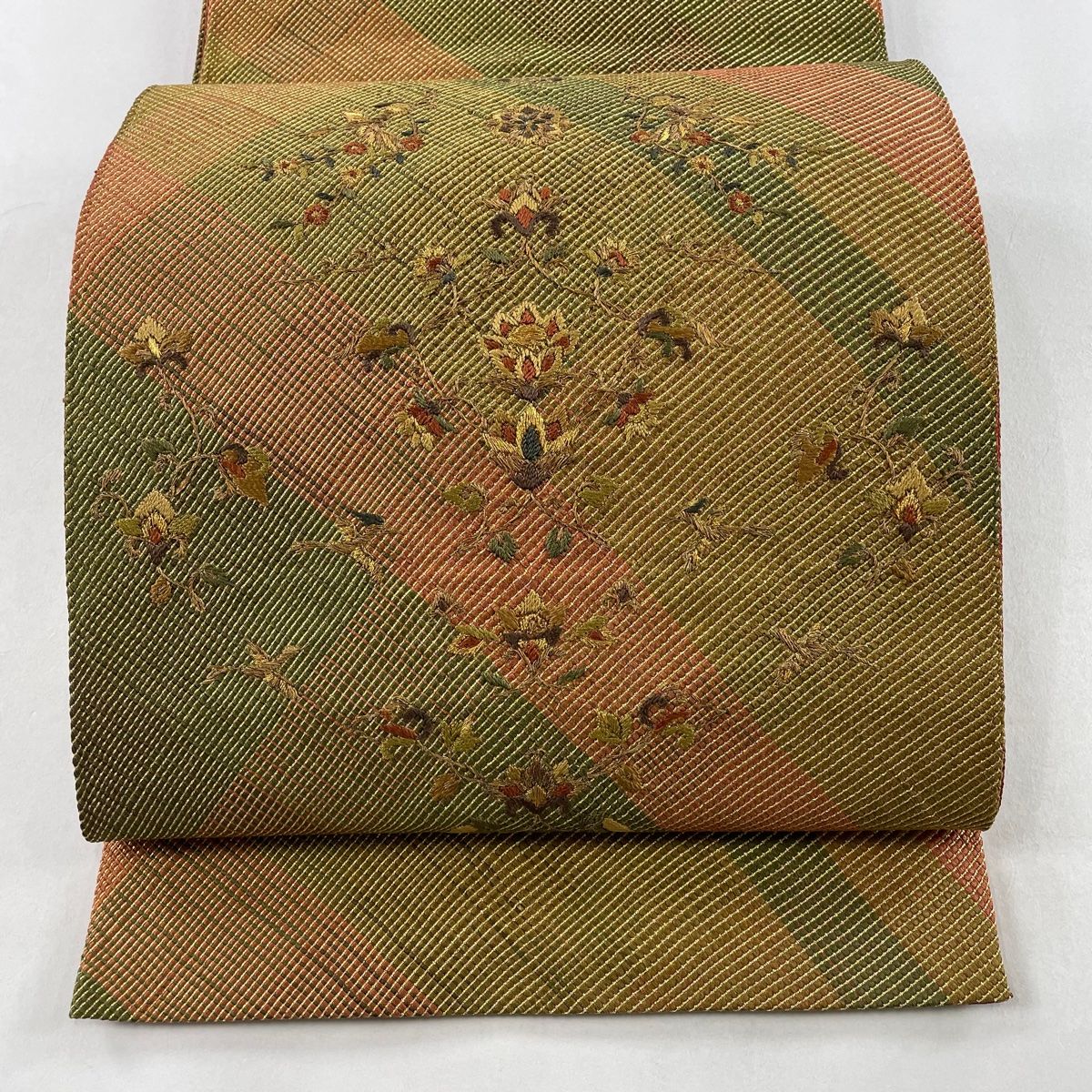 袋帯 美品 秀品 草花 花喰鳥 刺繍 金糸 茶緑色 お太鼓柄 正絹 袋帯 美品 秀品 草花 花喰鳥 刺繍 金糸 茶緑色 お太鼓柄 正絹