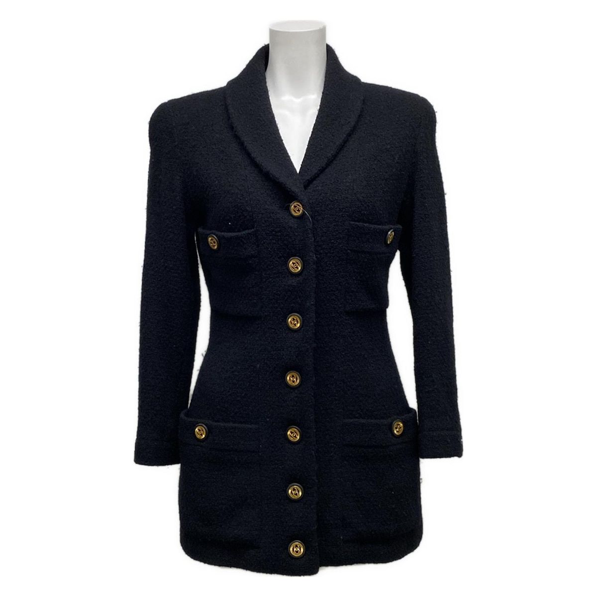 CHANEL シャネル ジャケット サイズ36 S レディース - 20923 黒 長袖 ツイード 4ポケット ココマークボタン ロング丈 秋 冬 ウール