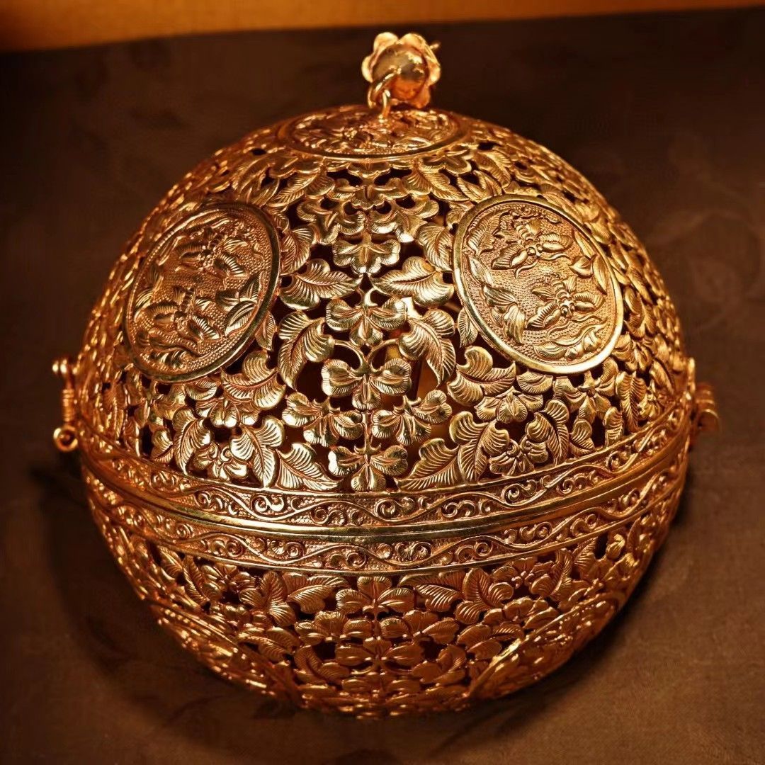 中国古玩·珍品旧蔵·銅製·鏨刻·鎏金·透かし彫り·熏香炉·中国古