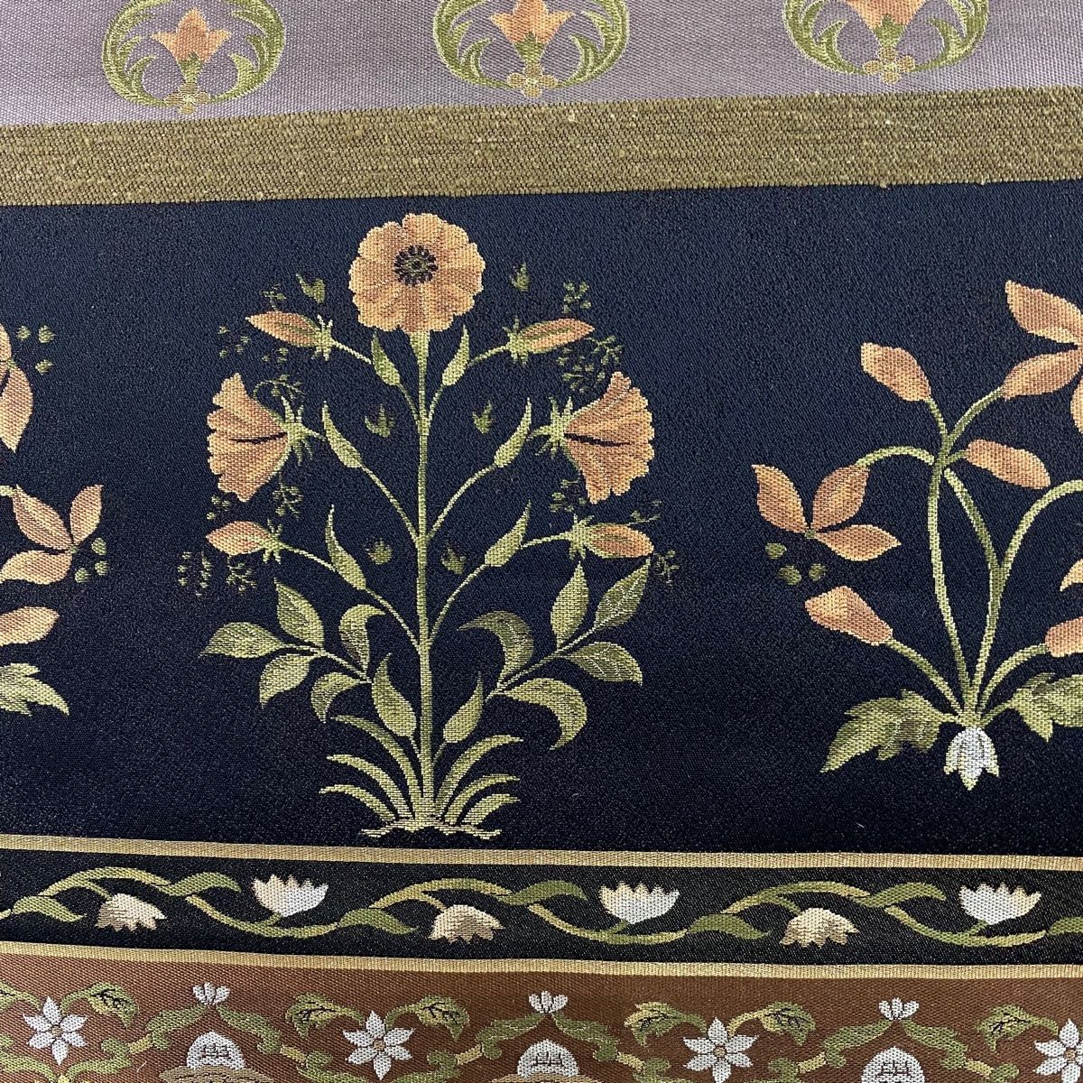 袋帯 菱屋善兵衛 落款 草花 縞 黒 六通 正絹