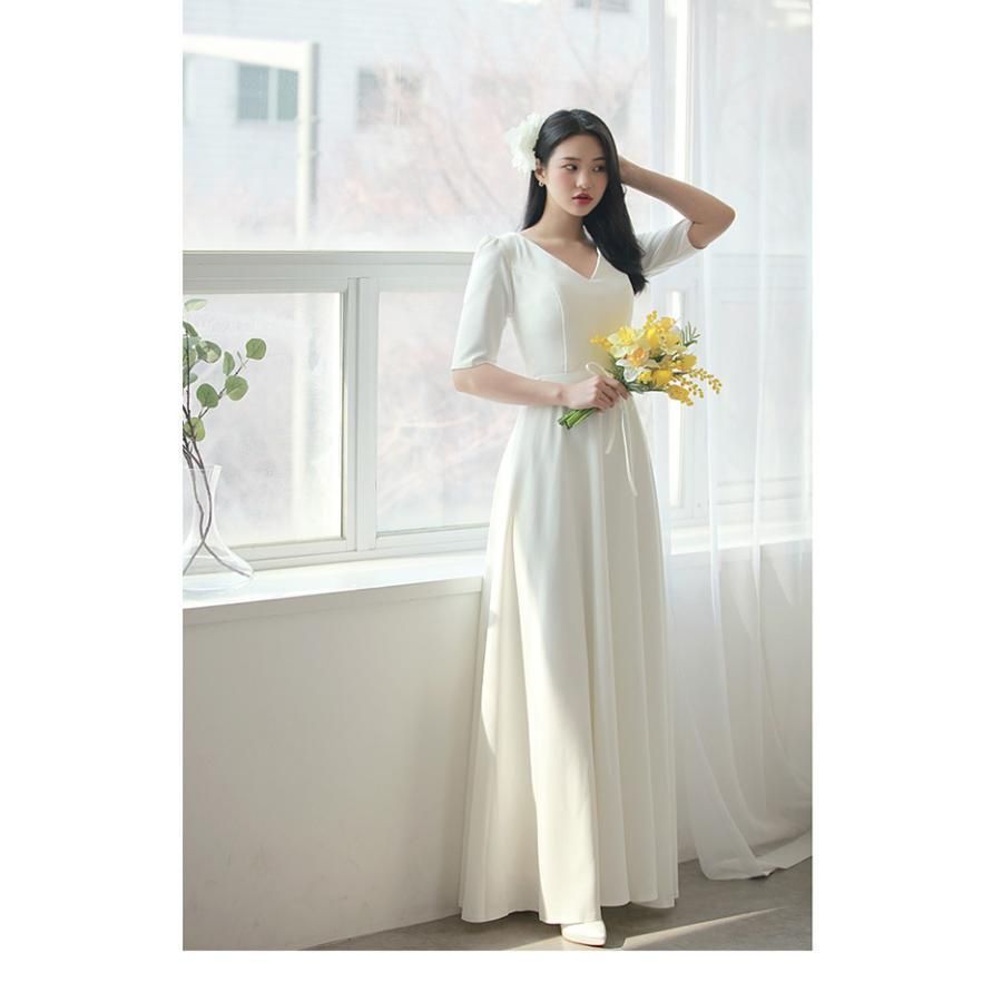 ウェディングドレス ロングドレス 二次会 半袖 Vネック サテン 結婚式 前撮り ワンピース シンプル 編み上げ 白 ブライダル 花嫁 ウエディxz CAMPINGPARCCENTRAL_COM