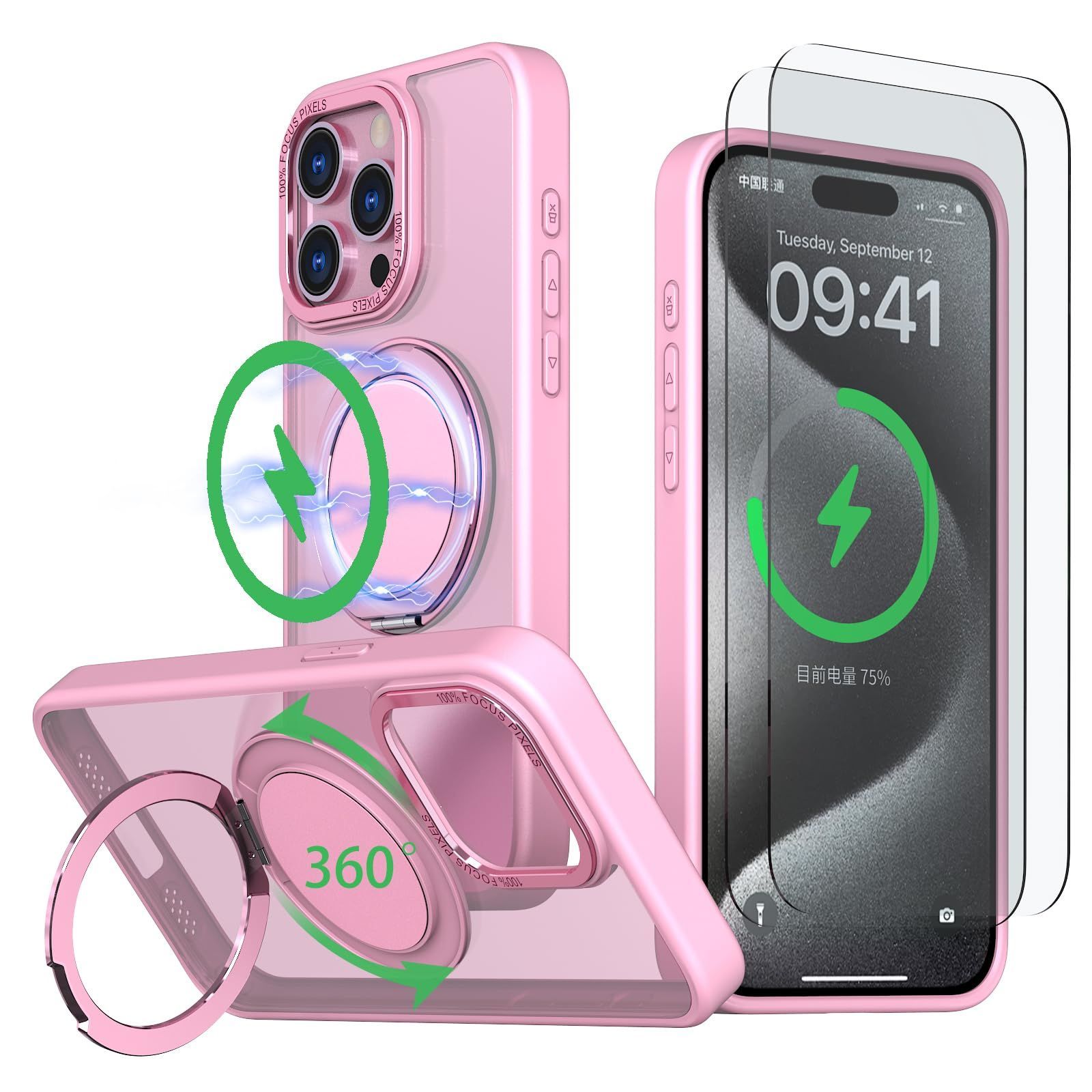 【在庫処分】多機能360度回転スタンド MagSafe対応 縦横両対応 リング ケース N52マグネット搭載 ワイヤレス充電対応 米軍MIL規格 Pro 耐衝撃性 いphone15pro 15 ケース アイフォン15 プロ iPhone ケース