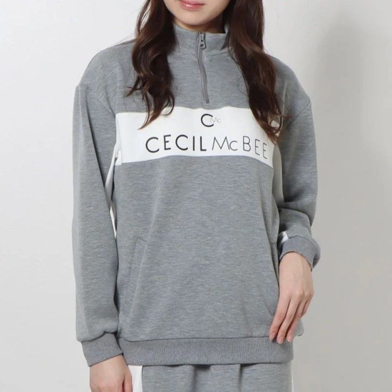 CECIL McBEE green バイカラーDBハーフジップスウェット ｸﾞﾚｰ Sサイズ