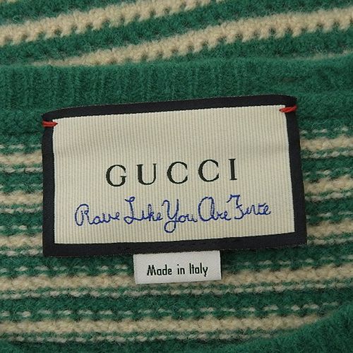 GUCCI(グッチ) ダメージデザイン ボーダーニット トップス アパレル ファッション セーター L ウール グリーン緑 アイボリー メンズ 40802139255【中古】【アラモード】 GUCCI(グッチ) ダメージデザイン ボーダーニット トップス アパレル