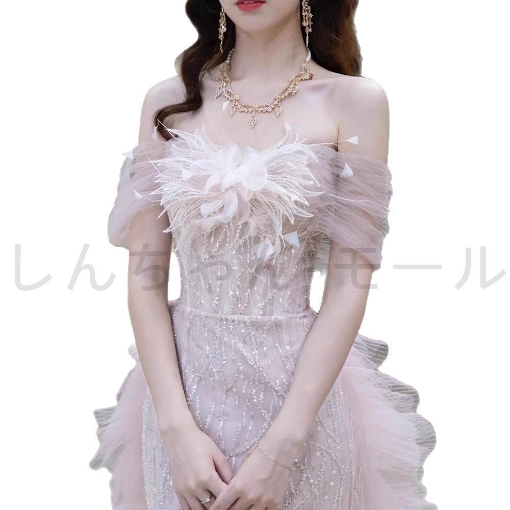  2025 ピンクオフショルダーイブニングドレス 感 軽奢 結婚 婚礼 敬酒服新婦用 XS-4 XL パーティードレス ドレス ブライダル
