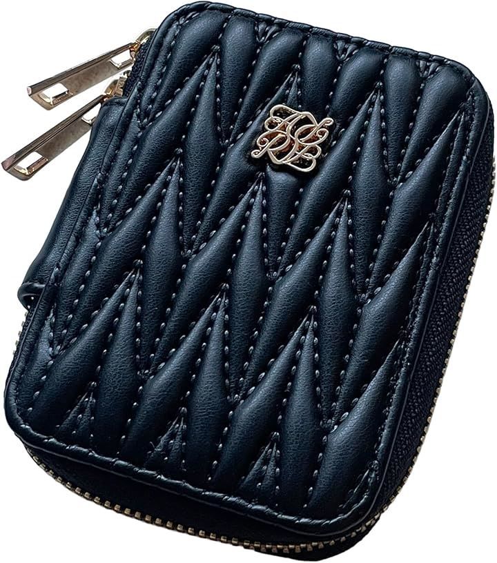 Crossmarbery(クロスマーベリー) スマートキーケース 2個収納 横並び カード レディース かわいい コンパクト ファスナー 車 免許証 お洒落 6連フック キルティング くすみカラー(ブラック)