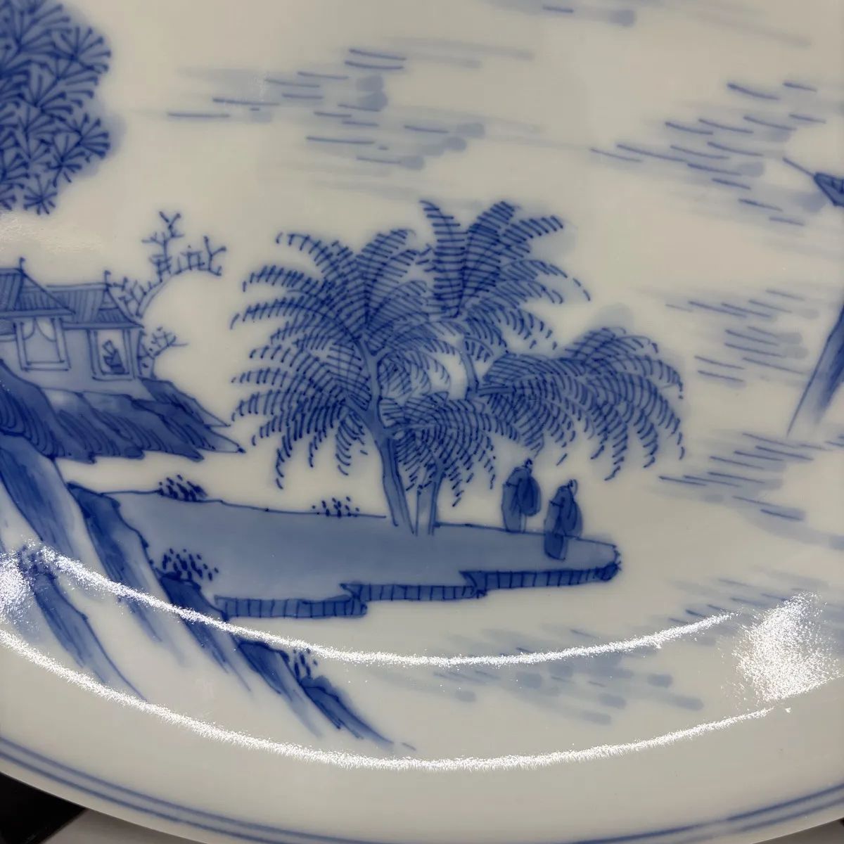 瀬戸染付】川本半助 四代作 山半銘 手描き山水図 八寸皿 約24cm