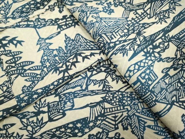 平和屋着物▽本藍　型絵染　小紋　単衣　松竹梅　風景文　正絹　逸品　DAAR5501du 平和屋着物▽本藍 型絵染 小紋 単衣 松竹梅 風景文 正絹