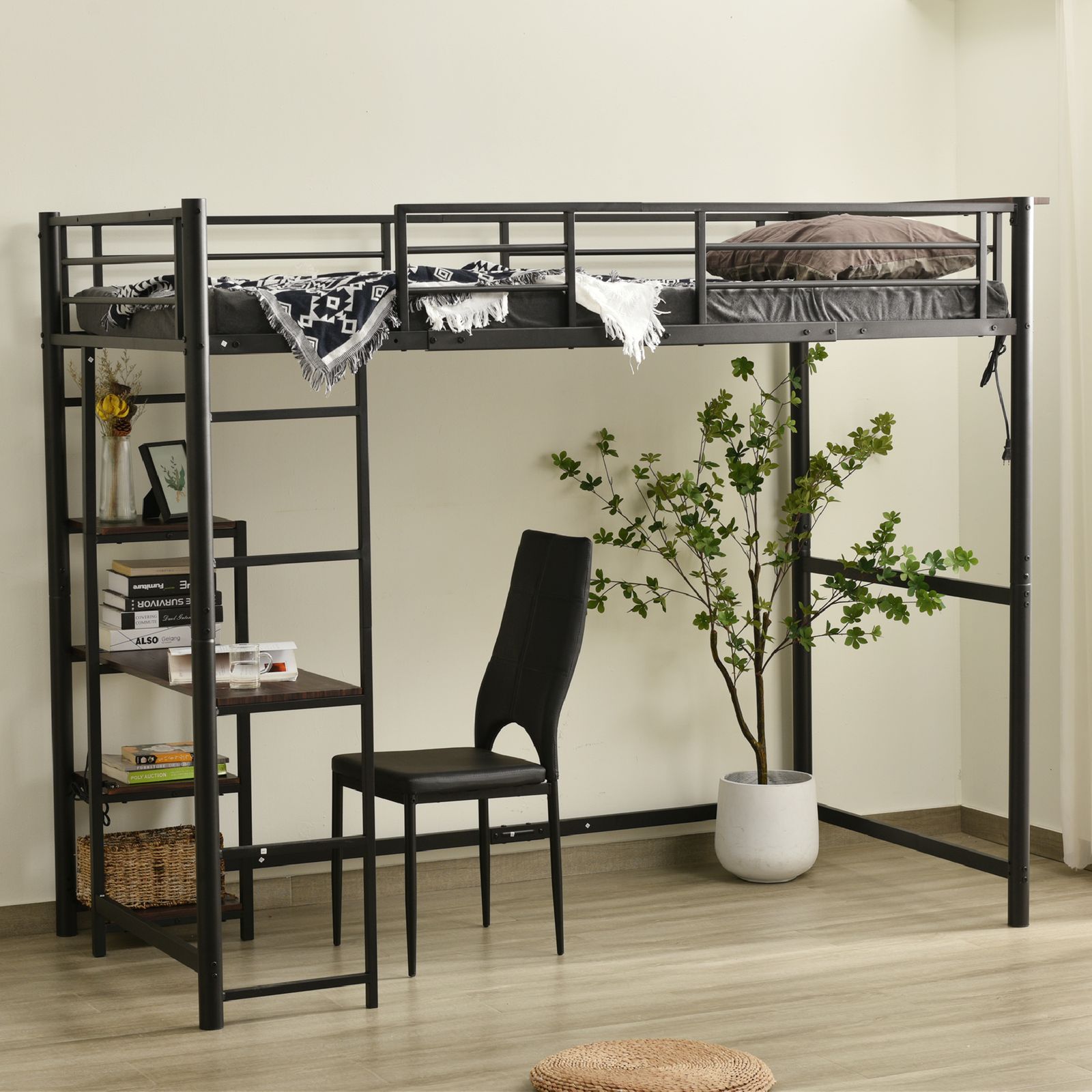 ロフトベッドシングル収納棚デスク付きコンセント付き耐震ベ