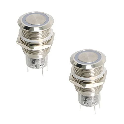 3V 6V 19mm - 34 ＂瞬間押しボタンフラット Ohamtes 瞬間的な押しボタンスイッチ 3V 6V 防水ステンレス鋼金属 34＂ 取り付け穴 白い LED SPST スイッチ、電気機器用， 2個、平らな