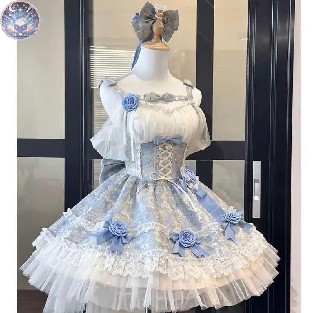 ♥ ブルージャカード コルセットドレスセット フランスバレエ風 ロリィタ 薔薇リボン