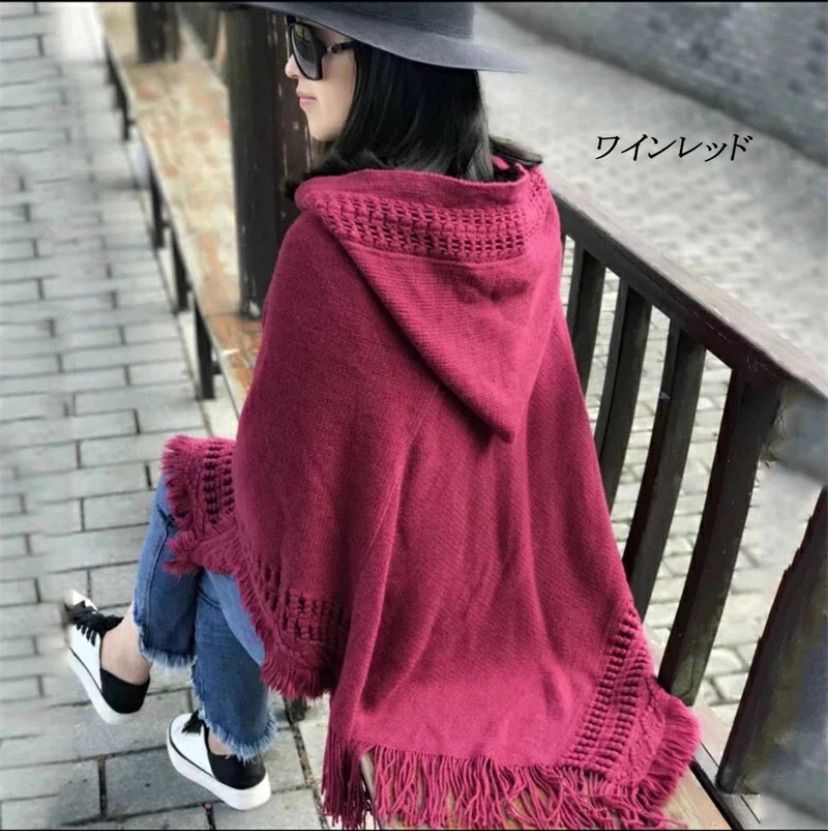 美品 クロエ ポンチョ ケープ 大判ストール フード付き ボーダー