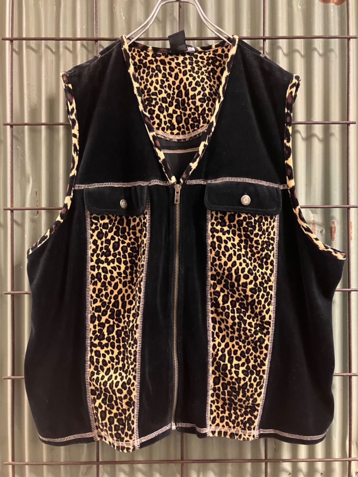 Old Velours Vest 切り替えベロアベスト　レオパード　ヒョウ柄