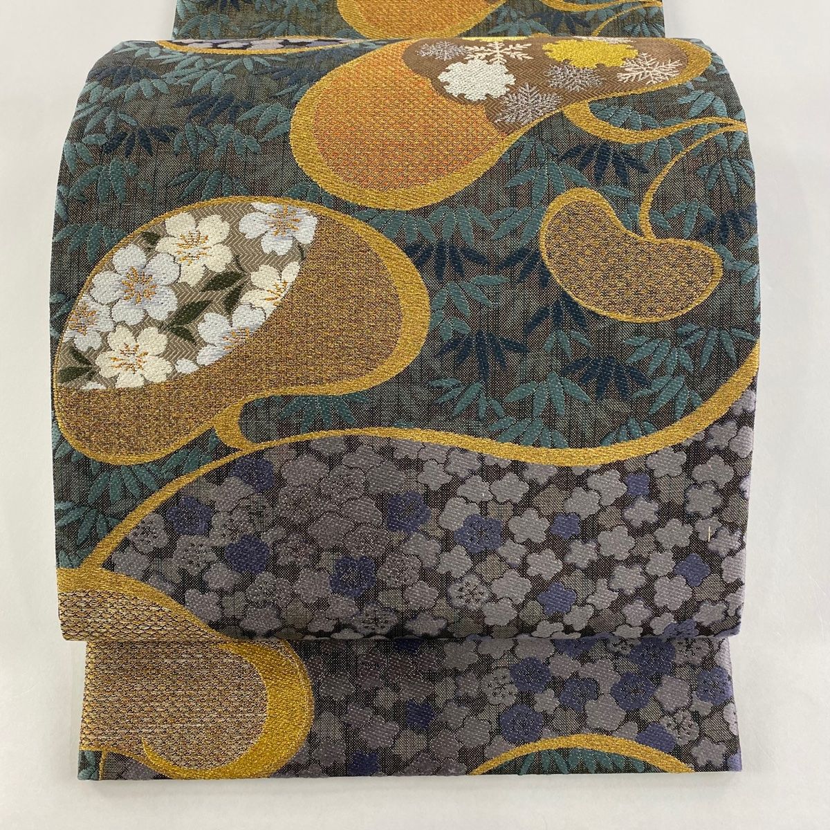 袋帯 切りばめ 金糸 濃灰緑 扇 菊 梅 竹 カジュアル 絹 中古 kp1894 袋帯 切りばめ 金糸 濃灰緑 扇 菊 梅 竹 カジュアル 絹 中古 kp1894