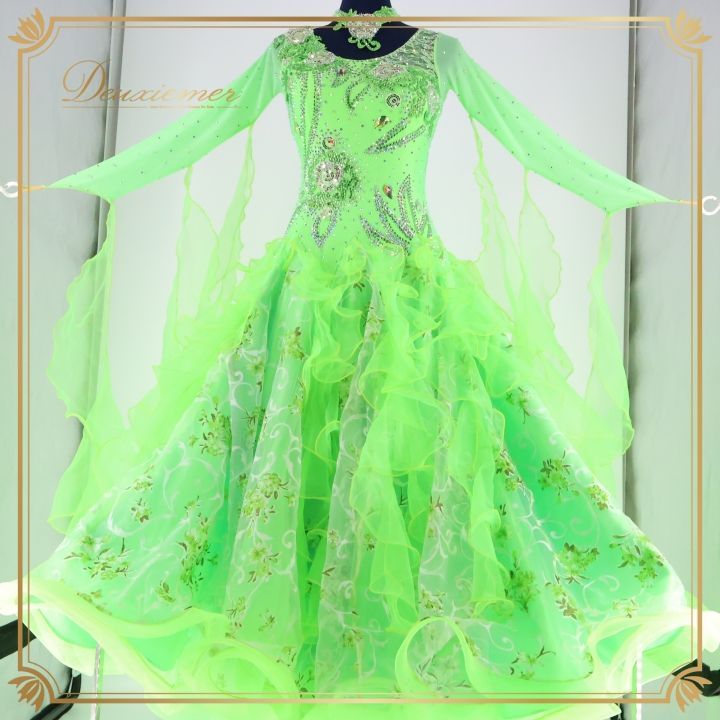 社交ダンス 衣装 ドレス ドレス ワンピース デモ GRANT 競技 ダンス パーティ 発表会 フロート 黄緑 グリーン系 フリル レース スパンコール トラインストーン 豪華 蛍光 ストレッチ 衣装 Mサイズ おしゃれ 競技用