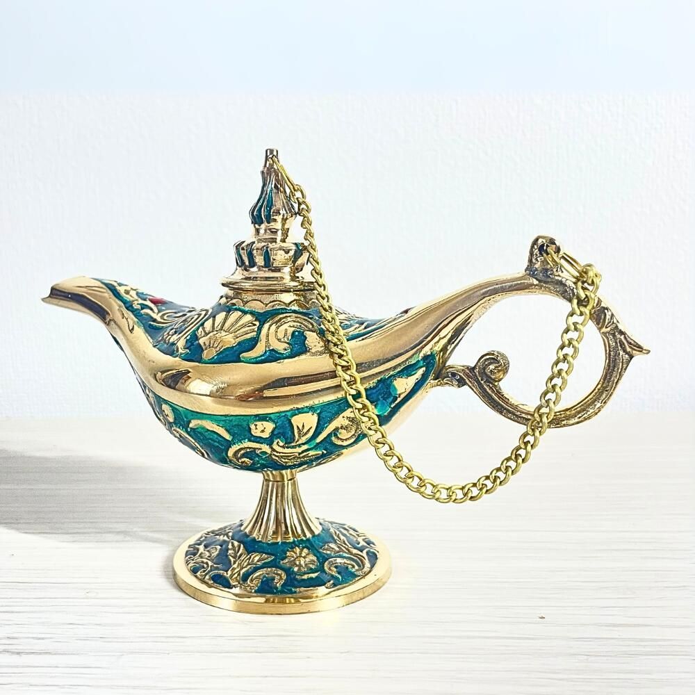 魔法のランプ オイルランプ ブルー ゴールド グリーン 真鍮製 アラジン