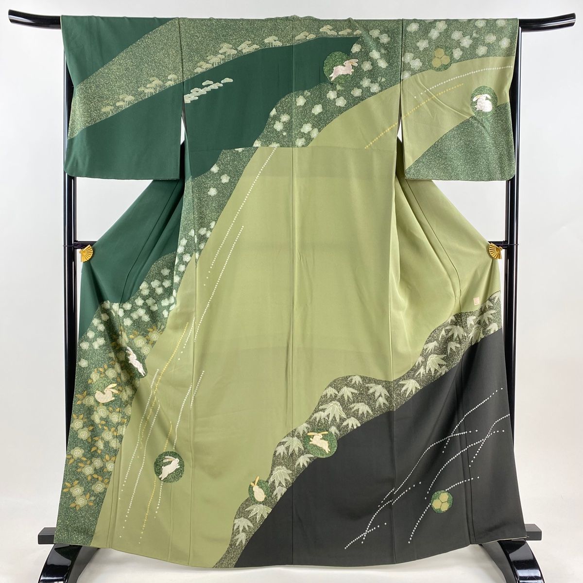 訪問着 身丈164.5cm 裄丈67cm M 袷 落款あり うさぎ 梅 金銀糸 箔 緑 正絹