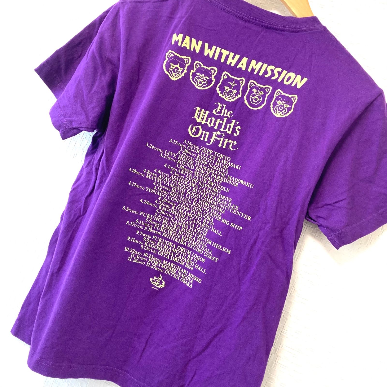 w^)b MAN WITH A MISSION マンウィズ バンドTシャツ クルーネック 半袖 綿 コットン100% オオカミ ガウラー プリント  カジュアル ライブ 応援 グッズ 紫 パープル メンズ サイズS トップス 上着 - メルカリ