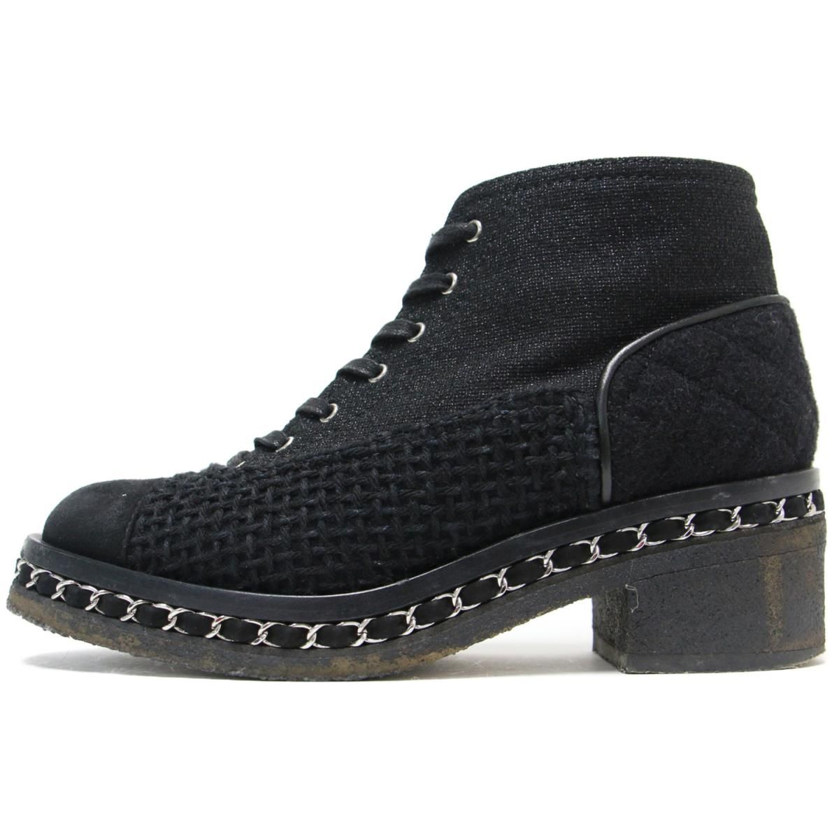 CHANEL ブーツ ショートブーツ ツイード チェーン ブラック 黒