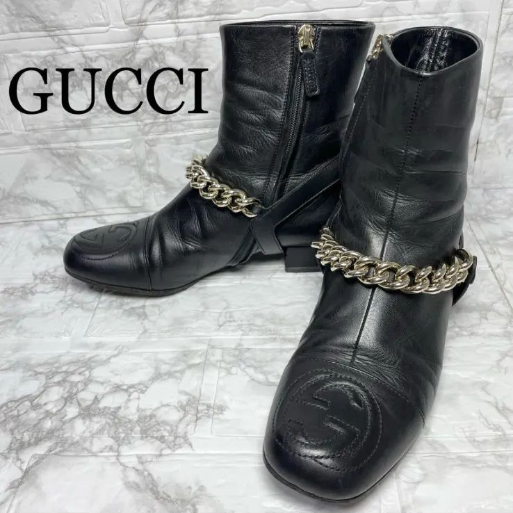 グッチ GUCCI レザー ショートブーツ チェーン GG インターロッキング