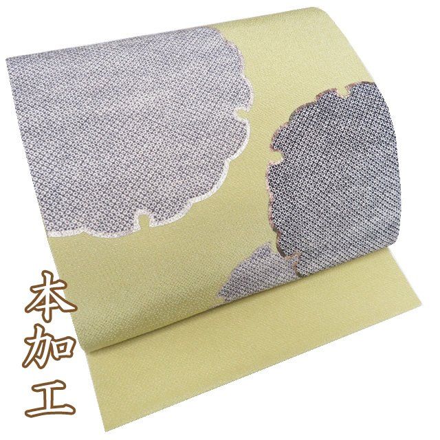 特選 名古屋帯 なごや帯 リサイクル 正絹 縮緬地 カジュアル 本加工 雪輪に鹿の子模様 若菜色 多色 金 きもの北條 A1276-12